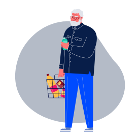 Illustration d’un homme avec un panier de courses et qui lit l’étiquette d’une bouteille verte.